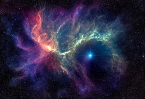 Colorful cosmic nebula with bright star in deep space.
