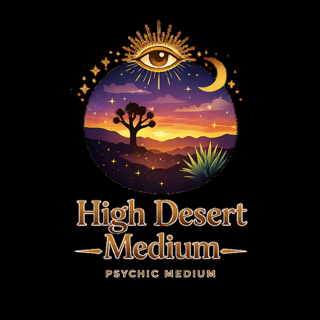 Logo with desert scene, eye, moon, and stars for psychic medium.