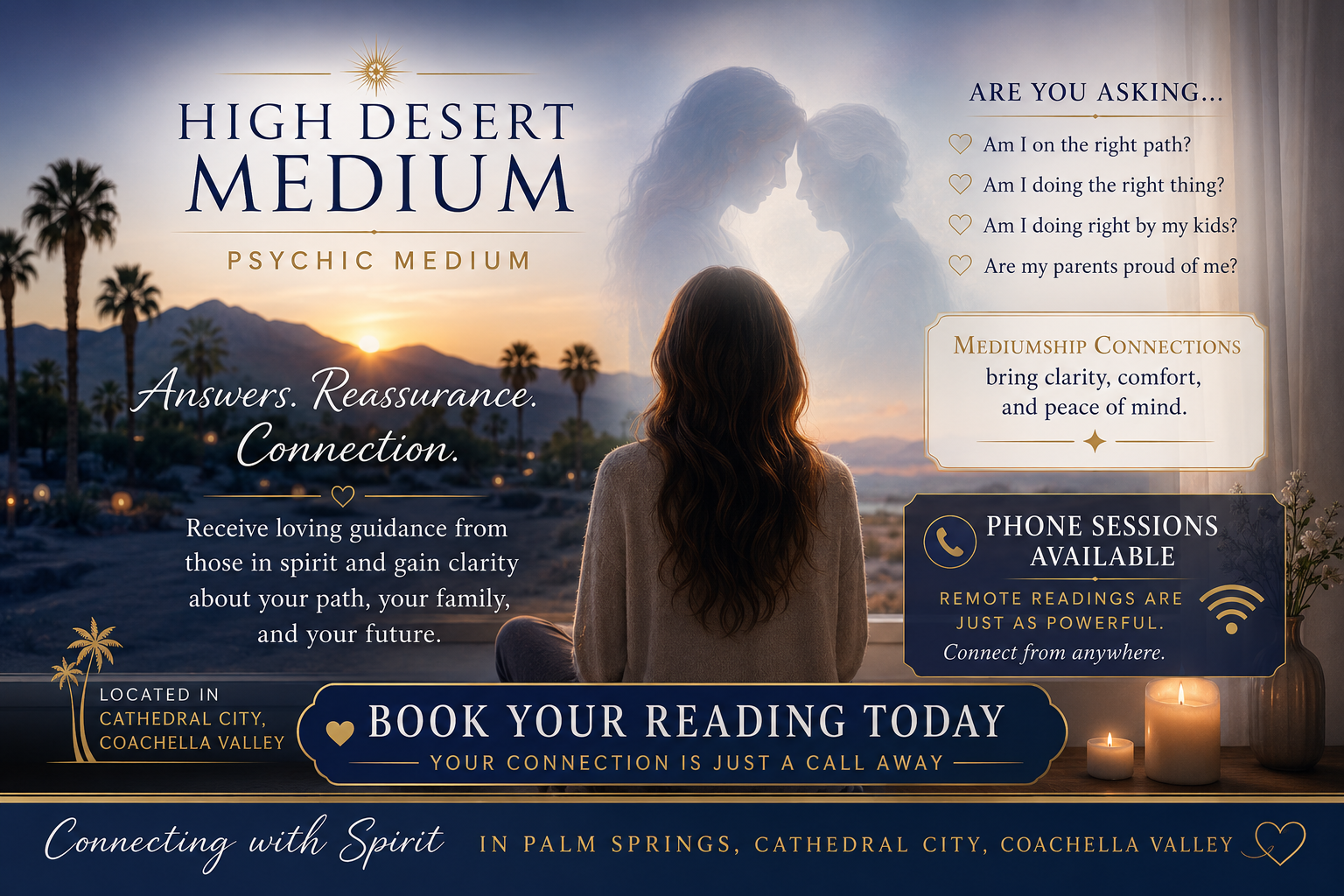 Palm Springs psychic medium connecting with loved ones in spirit at sunset bringing clarity reassurance and guidance