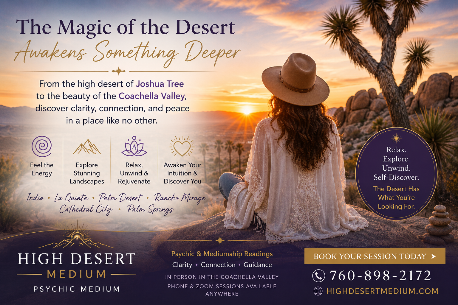 Joshua Tree and Coachella Valley desert sunset with woman reflecting spiritual energy clarity and intuition Palm Springs psychic medium