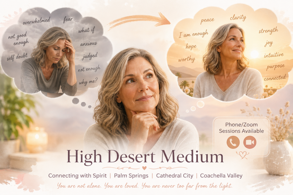 Woman transforming from anxious thoughts to peace and clarity, High Desert Medium Palm Springs psychic medium offering spiritual guidance in Coachella Valley