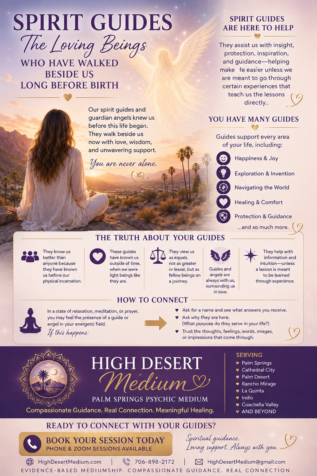 Spirit guides and guardian angels watching over a woman meditating in the desert at sunset with spiritual guidance messaging from High Desert Medium in Palm Springs.