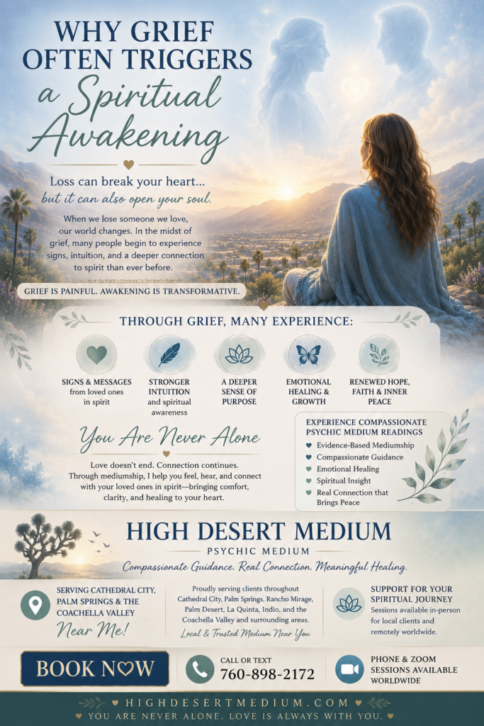 Spiritual awakening themed image for High Desert Medium showing a grieving woman overlooking the Palm Springs desert while connecting with spirit. The image symbolizes healing, intuition, emotional growth, and spiritual connection after loss. Includes CTA for psychic medium readings in Palm Springs, Cathedral City, and the Coachella Valley.