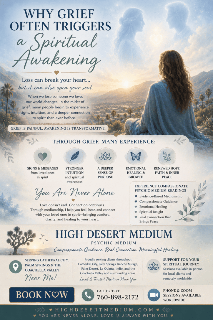 Spiritual awakening themed image for High Desert Medium showing a grieving woman overlooking the Palm Springs desert while connecting with spirit. The image symbolizes healing, intuition, emotional growth, and spiritual connection after loss. Includes CTA for psychic medium readings in Palm Springs, Cathedral City, and the Coachella Valley.