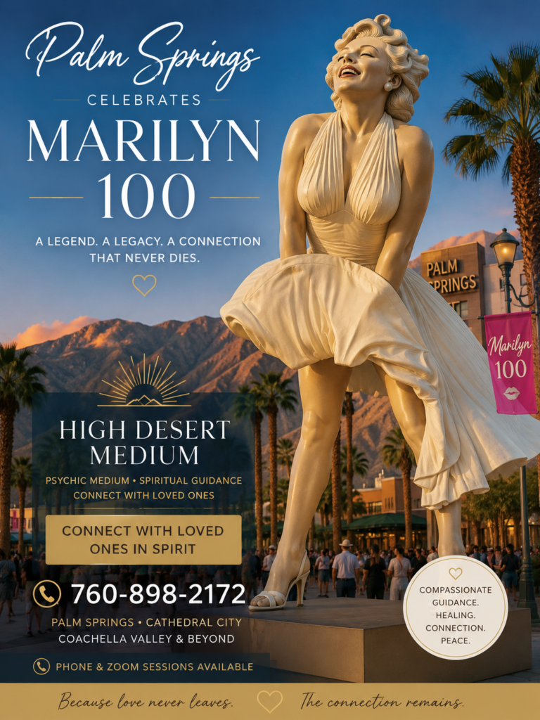 Vintage Hollywood-inspired blonde woman in a white dress standing in Palm Springs during the Marilyn 100 celebration, promoting High Desert Medium psychic medium readings, spiritual guidance, and connecting with loved ones in spirit.