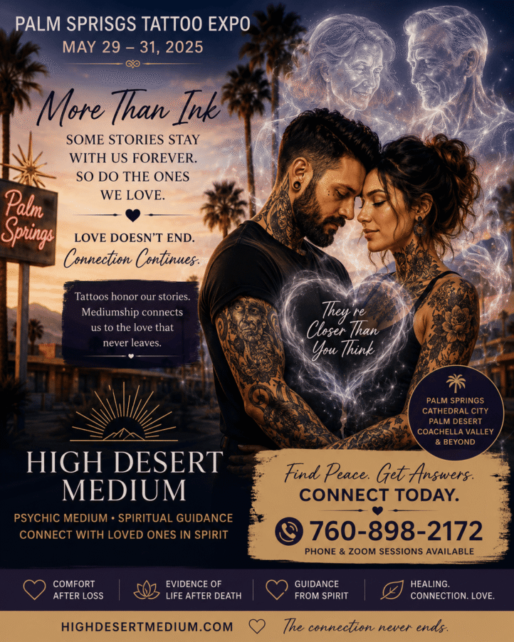 Tattooed man and woman embracing in Palm Springs at sunset, surrounded by glowing spirit energy and loved ones in spirit. Promotional image for High Desert Medium featuring psychic mediumship, spiritual guidance, connection with loved ones in spirit, Palm Springs Tattoo Expo, and phone and Zoom readings available throughout Palm Springs, Cathedral City, Palm Desert, and the Coachella Valley.