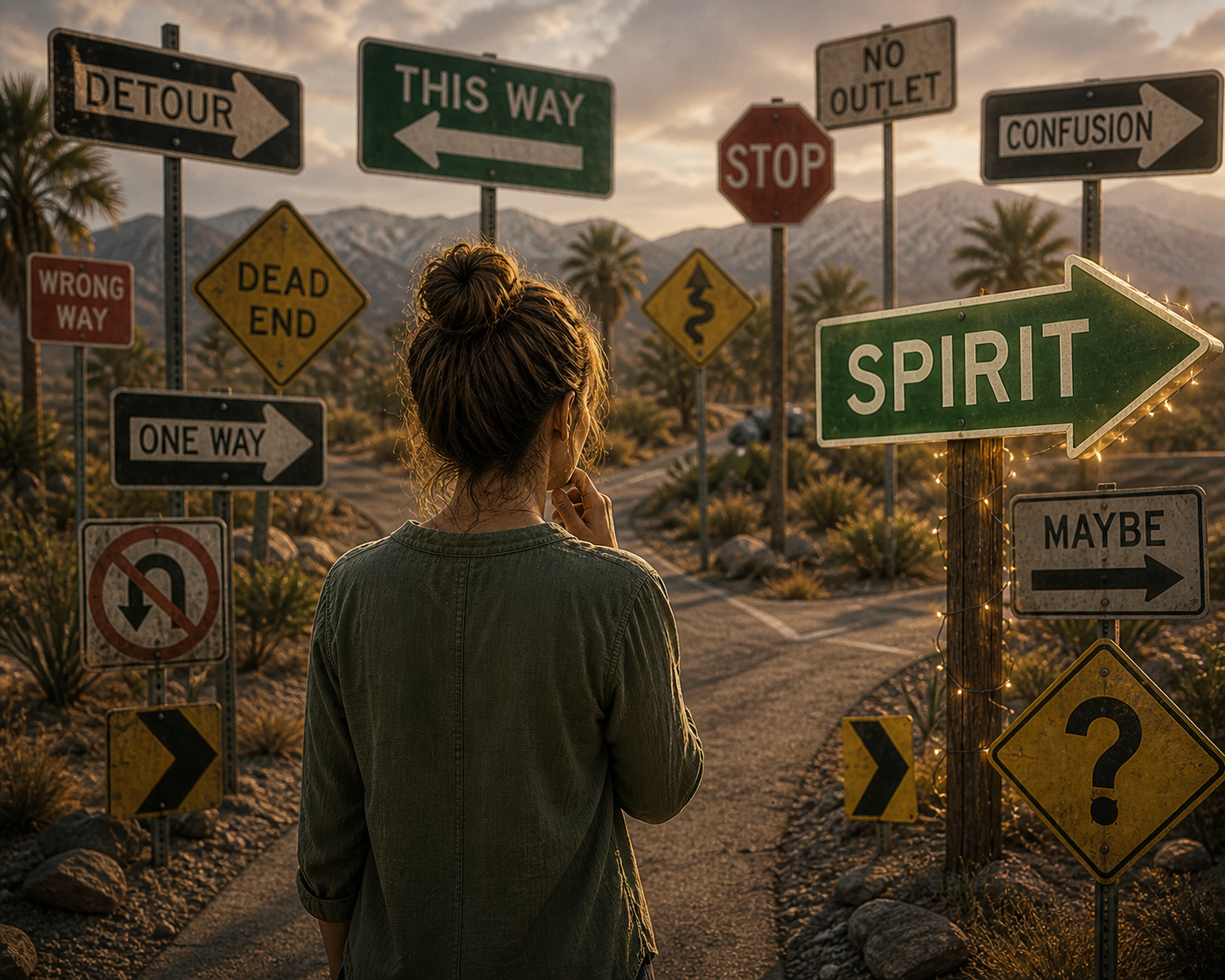 Person at crossroads surrounded by traffic signs with arrow pointing to spirit spiritual guidance Palm Springs psychic medium