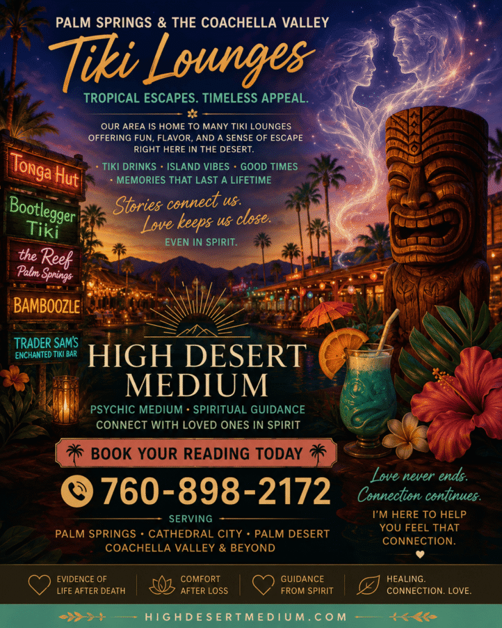 Tropical tiki lounge scene in Palm Springs featuring illuminated tiki carvings, island-inspired cocktails, palm trees, and spirit energy connecting loved ones. Promotional image for High Desert Medium, a psychic medium serving Palm Springs, Cathedral City, Palm Desert, and the Coachella Valley with phone and Zoom readings available.