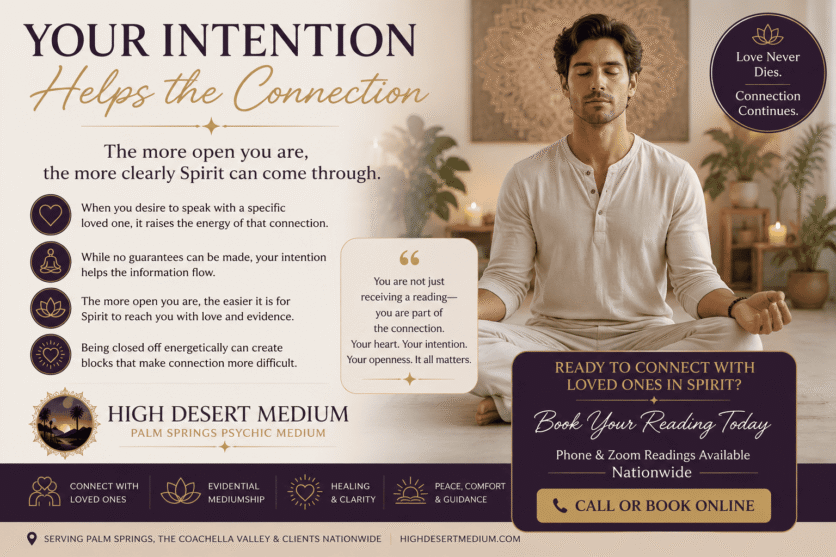 Palm Springs psychic medium explaining how intention and openness strengthen spirit communication during a mediumship reading