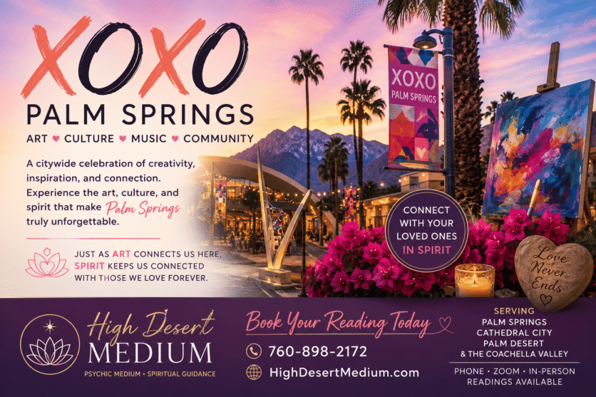XOXO Palm Springs festival-inspired artwork featuring colorful Palm Springs scenery, local art, palm trees, mountain views, and a spiritual message about staying connected with loved ones in spirit. High Desert Medium promotes psychic medium readings in Palm Springs, Cathedral City, Palm Desert, and the Coachella Valley with phone, Zoom, and in-person sessions available.