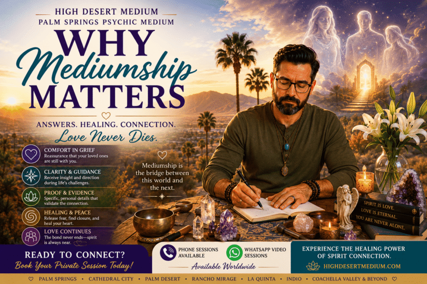 Why mediumship matters image showing spirit connection, emotional healing, psychic mediumship, and communication with loved ones in spirit by High Desert Medium Palm Springs