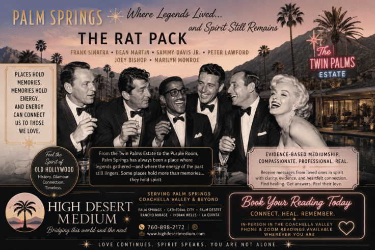 Vintage Old Hollywood-inspired Palm Springs scene featuring representations of Frank Sinatra, Sammy Davis Jr., Dean Martin, Peter Lawford, Joey Bishop, and Marilyn Monroe gathered at the iconic Twin Palms Estate. The image highlights Palm Springs history, celebrity culture, spirit connection, and High Desert Medium's psychic mediumship services in Palm Springs, Cathedral City, and the Coachella Valley.