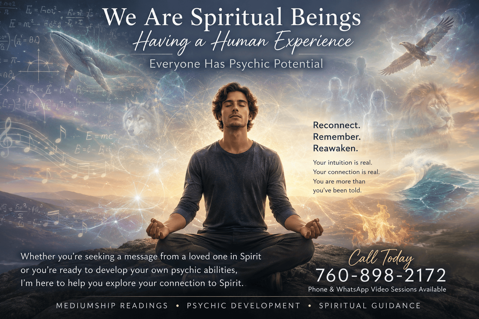 Young man meditating with faint mathematical equations, music notes, spirit figures, animals, and elements surrounding him, symbolizing that we are spiritual beings having a human experience and our natural psychic potential. High Desert Medium serving Palm Springs and the Coachella Valley.