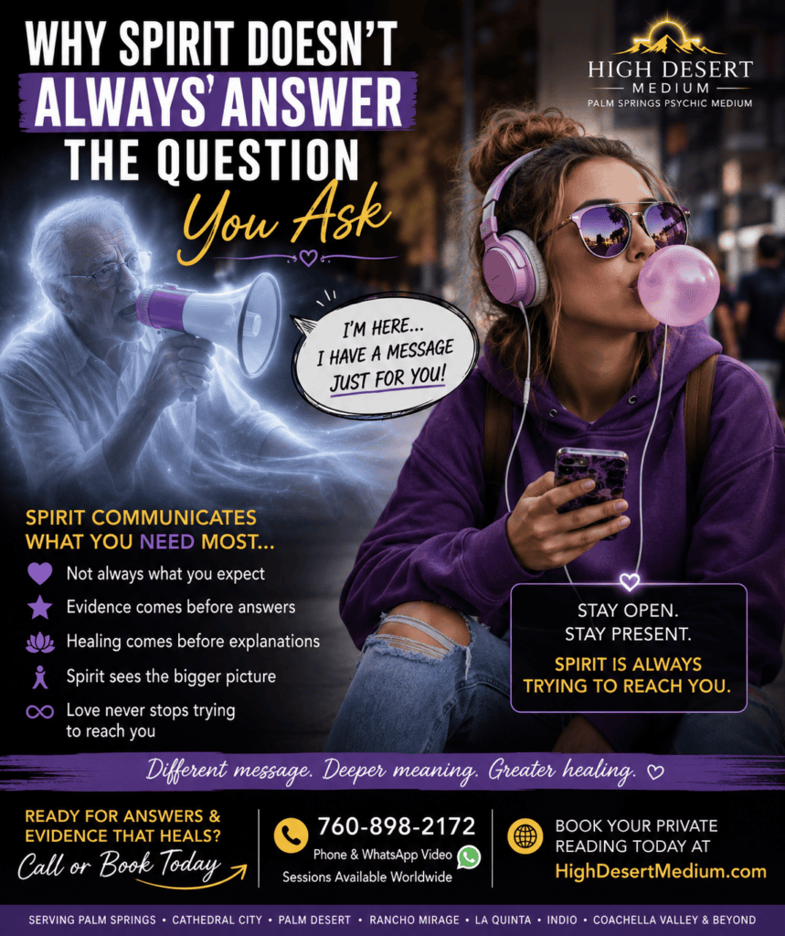Young woman distracted by music and her phone while a loved one in Spirit tries to get her attention, illustrating how Spirit often communicates in unexpected ways. High Desert Medium, Palm Springs Psychic Medium.