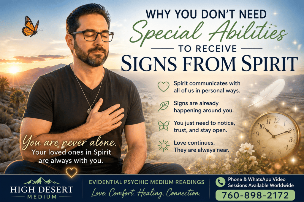 Man peacefully meditating while receiving signs from Spirit, illustrating that anyone can recognize messages from loved ones in Spirit. Palm Springs Psychic Medium.