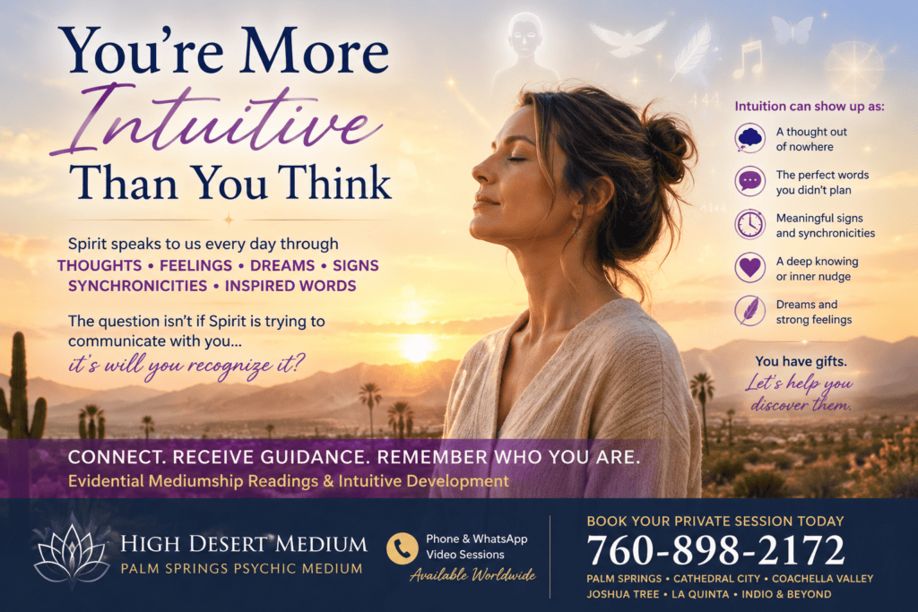 Woman peacefully reflecting in the desert as Spirit communicates through thoughts, dreams, feelings, and intuition. Discover you're more intuitive than you think with High Desert Medium, Palm Springs Psychic Medium.