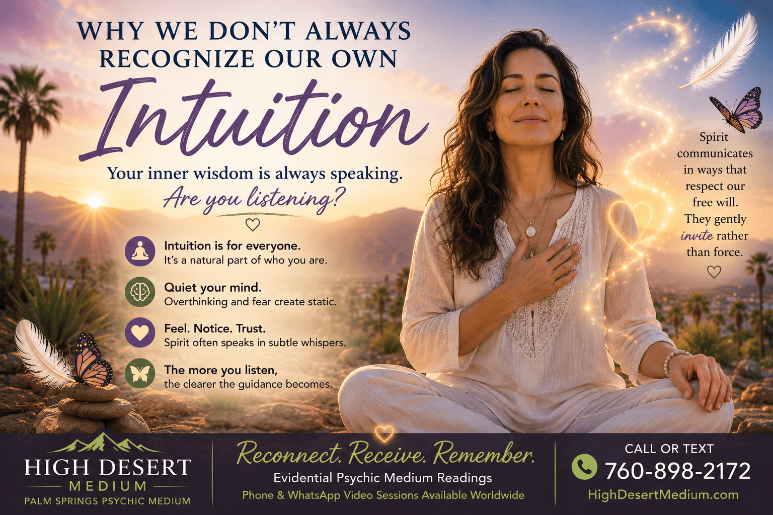 Peaceful woman meditating in the desert, symbolizing intuition, Spirit communication, and inner guidance. High Desert Medium, Palm Springs Psychic Medium.