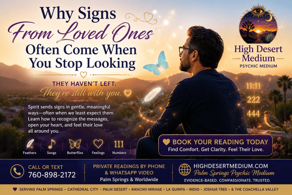 Signs from loved ones in Spirit often come when you stop looking. High Desert Medium, a trusted Palm Springs Psychic Medium, helps clients recognize meaningful spiritual signs and reconnect with loved ones in Spirit.