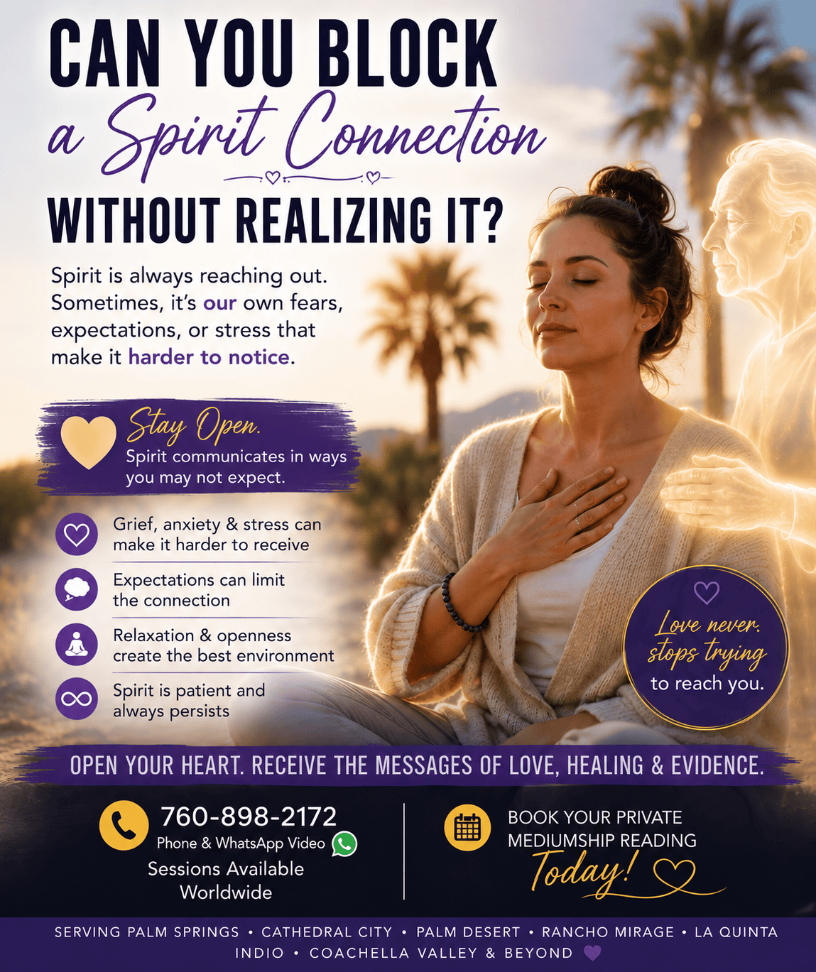 A peaceful woman meditates with her hand over her heart while a loving Spirit stands beside her, illustrating how openness can strengthen a Spirit connection. High Desert Medium offers evidential mediumship readings in Palm Springs and worldwide by Phone and WhatsApp Video.