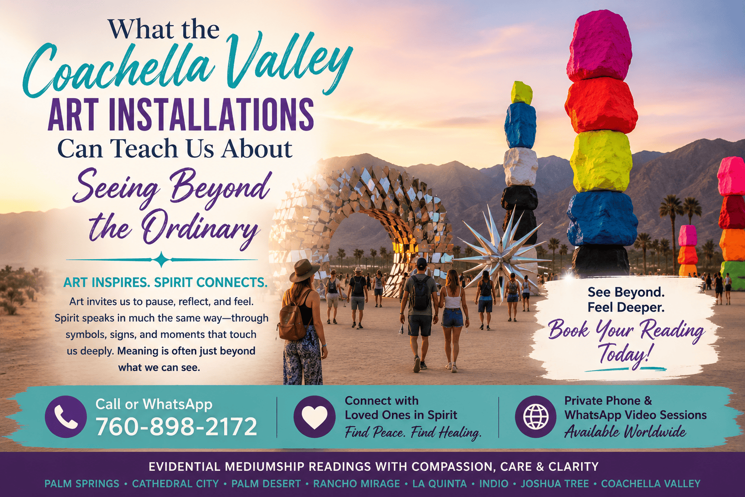 Visitors explore colorful Coachella Valley-style desert art installations at sunset, symbolizing intuition, reflection, and seeing beyond the ordinary. Featured by High Desert Medium, Palm Springs Psychic Medium.