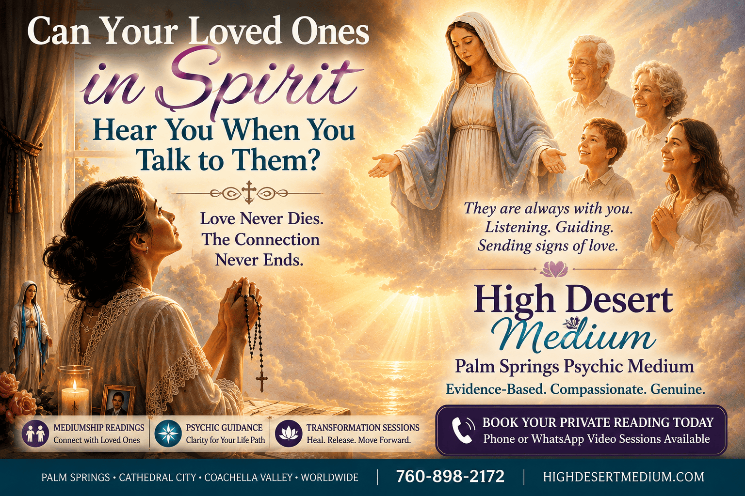 Woman praying with a rosary while speaking to loved ones in Heaven | Palm Springs Psychic Medium | High Desert Medium