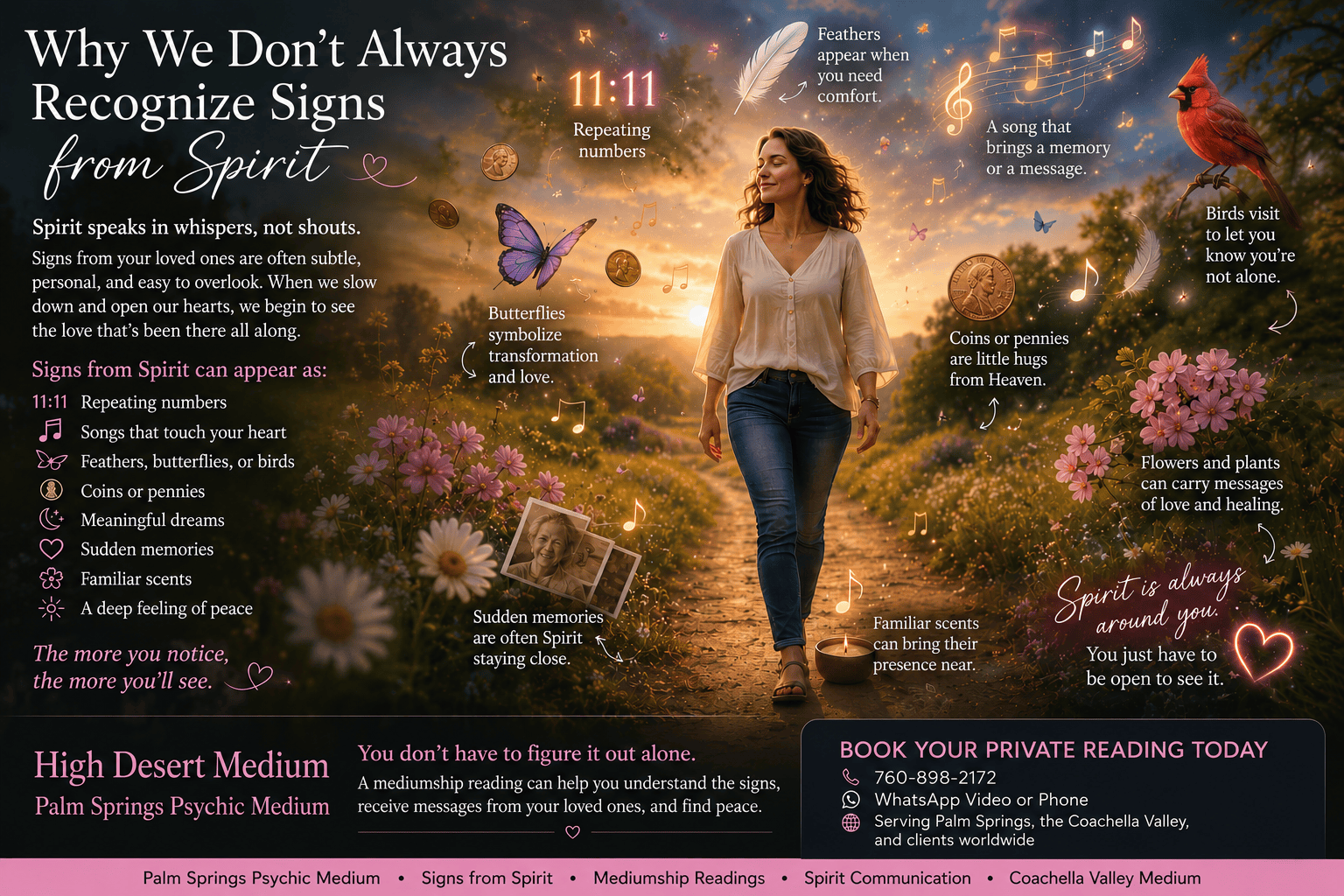 A woman walks peacefully through a glowing desert landscape surrounded by subtle signs from Spirit, including feathers, butterflies, flowers, birds, coins, music notes, and meaningful memories. The image illustrates how Spirit often communicates through gentle, everyday experiences rather than dramatic events. Created for High Desert Medium, Palm Springs Psychic Medium.