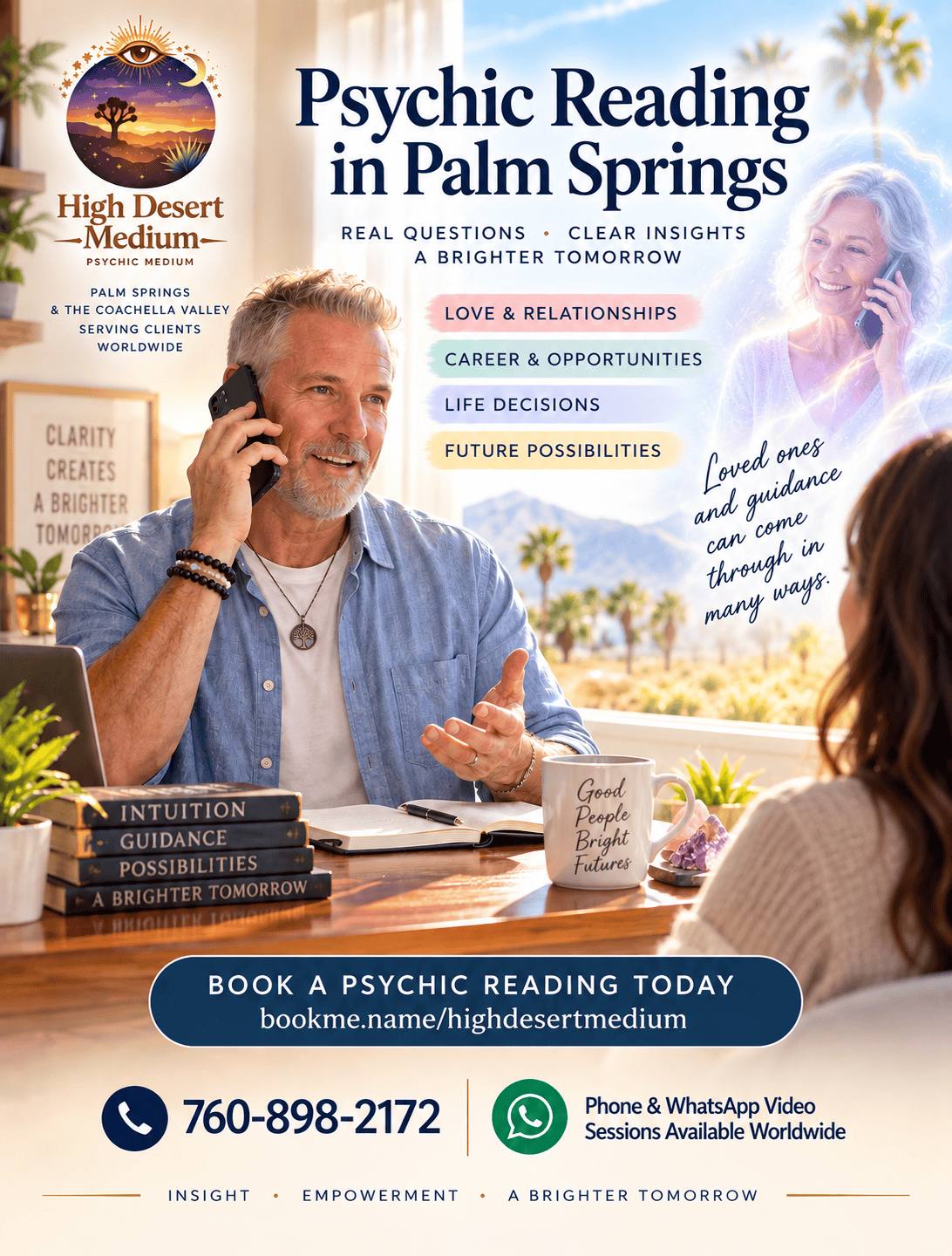 Psychic reading in Palm Springs with High Desert Medium providing intuitive guidance about love, career, life decisions and future possibilities.