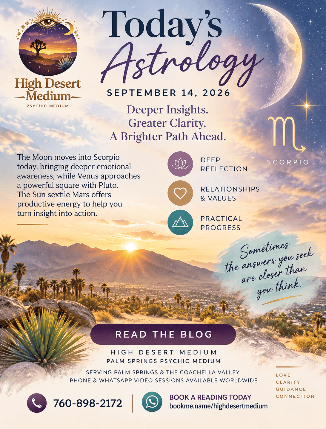 Today’s astrology September 14, 2026 featuring the Moon in Scorpio, Venus square Pluto and Sun sextile Mars from High Desert Medium.