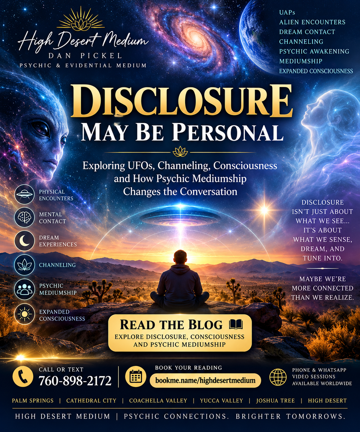 Disclosure and consciousness explored through UFOs, channeling, psychic mediumship, dream contact and expanded consciousness.
