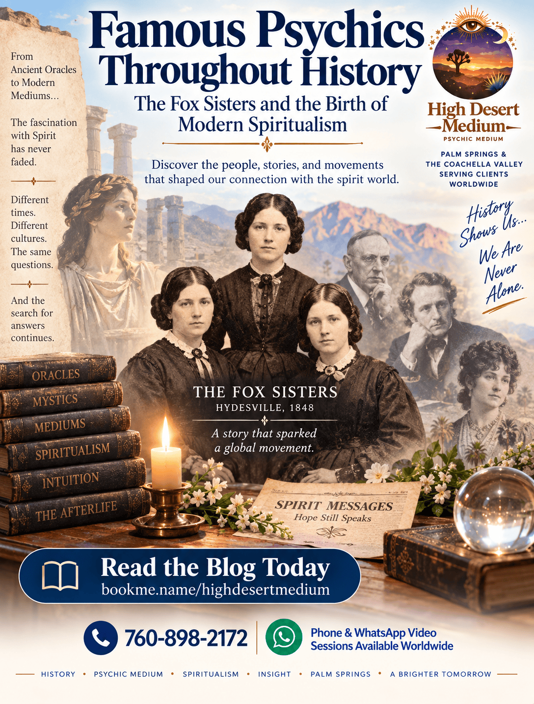 Famous psychics and mediums throughout history featuring the Fox Sisters and the birth of Modern Spiritualism in 1848.