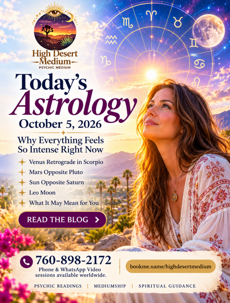 Astrology October 5 2026 featuring Venus retrograde in Scorpio, Mars opposite Pluto, Sun opposite Saturn and the Leo Moon with High Desert Medium.