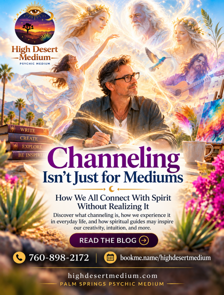A man experiencing creative channeling and inspiration, surrounded by spiritual guides, muses, a dancer, and a musician in a colorful Palm Springs desert setting.