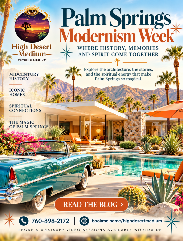 Palm Springs Modernism Week featuring a midcentury modern home, vintage convertible, palm trees, and San Jacinto Mountains. High Desert Medium explores local history, memories, and spiritual connections.