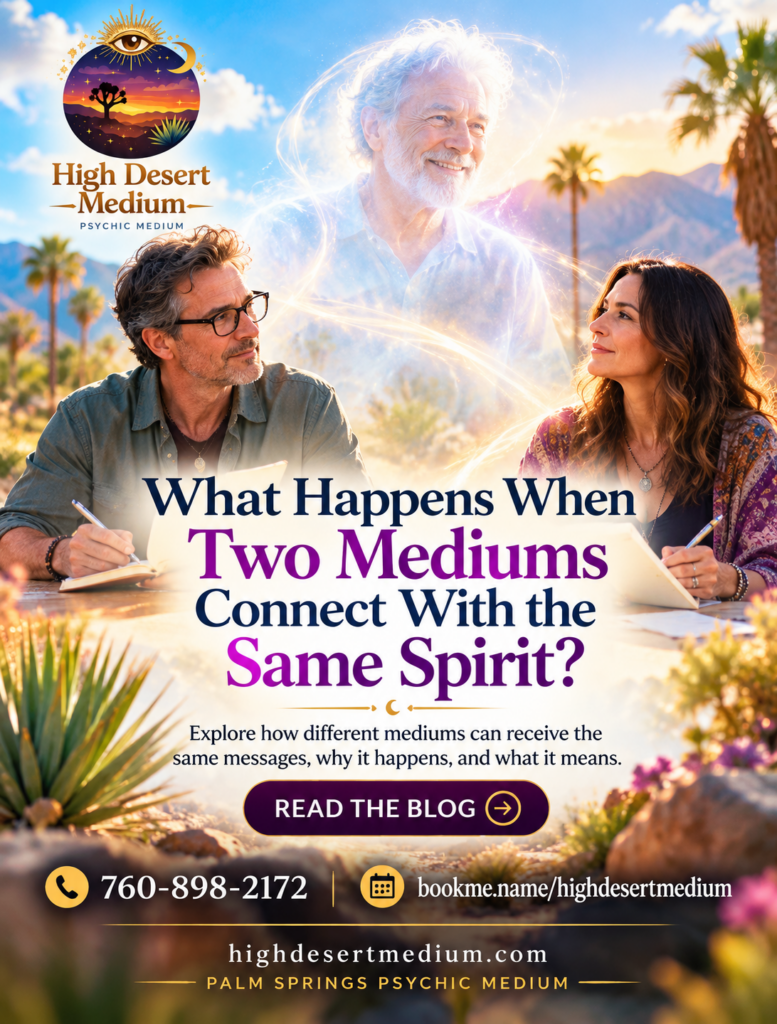 Two psychic mediums receiving messages from the same loved one in Spirit, illustrating evidential mediumship and spiritual communication in Palm Springs.