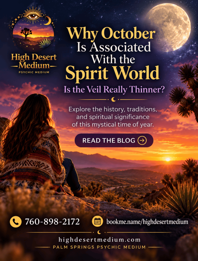 A woman overlooking a Palm Springs desert sunset beneath a glowing moon, illustrating the belief that the veil between the living and Spirit is thinner in October.