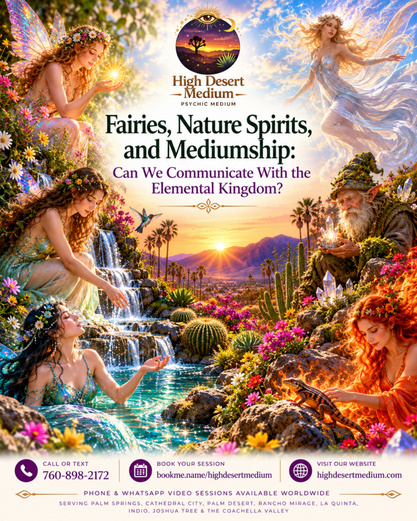 Colorful illustration of fairies, water nymphs, earth spirits, and fire elementals gathered in a magical desert oasis, representing nature spirits and psychic mediumship